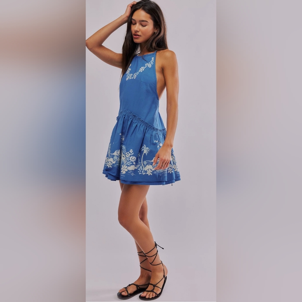 NWT Free People Deserted Island Mini Dress Indigo Combo Size L